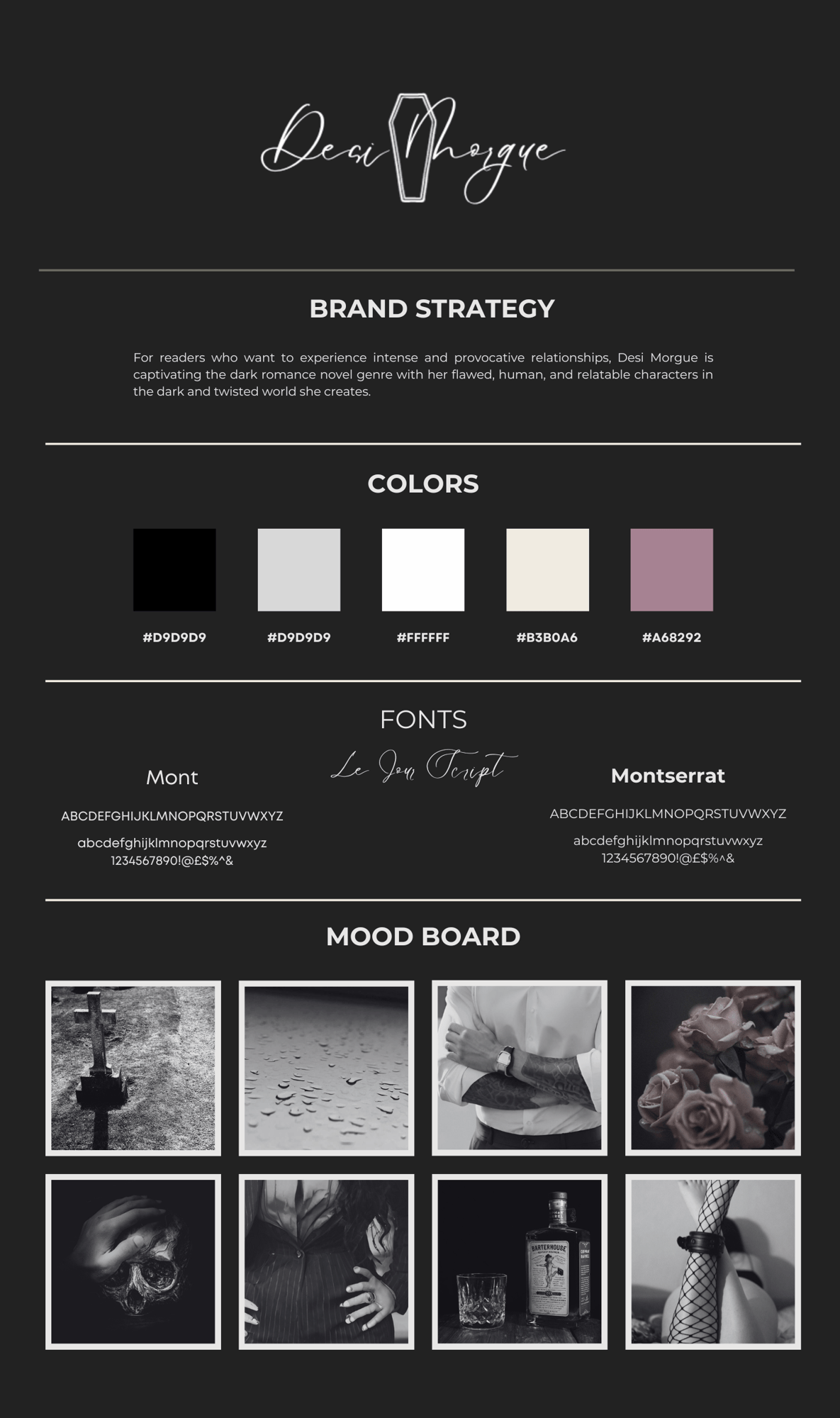 Brand Strategy, Colors, Fonts, and Mood Board for Client Desi Morgue